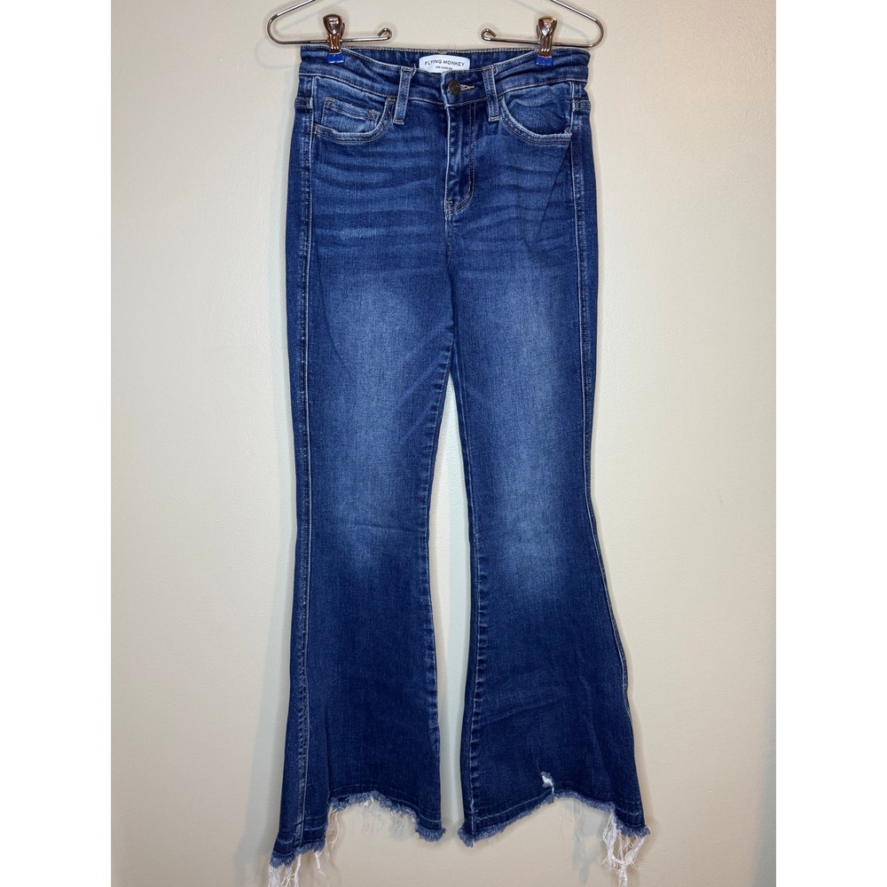 Flying Monkey High Rise Super Flare Jeans Dark Wash Raw Hem Size 26